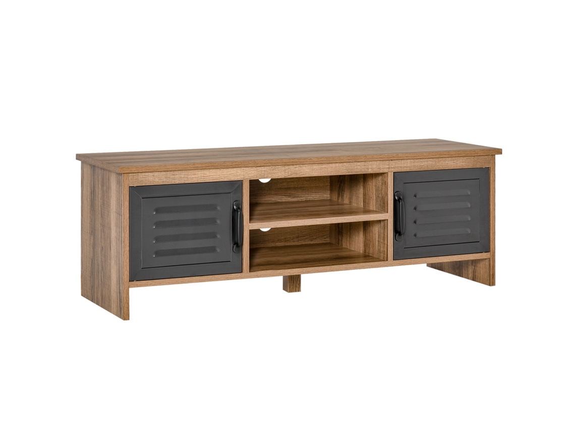 Móveis de Tv 109x35x38cm Madeira Natural e Cinza para Até 42 Polegadas, 2 Compartimentos Fechados e 2 Prateleiras Abertas. Ge