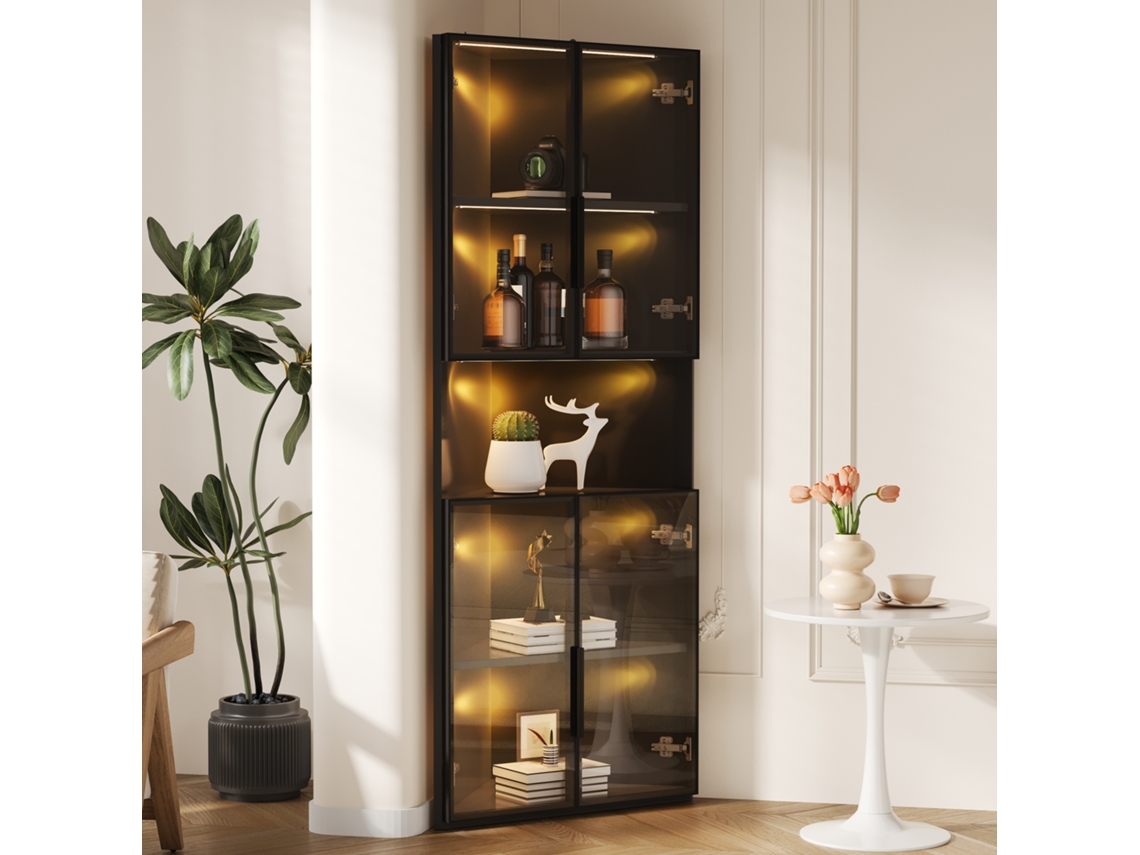 Vitrine De Canto Triangular Preta Com Led E Compartimento Aberto, 62 X 32 X 160 Cm