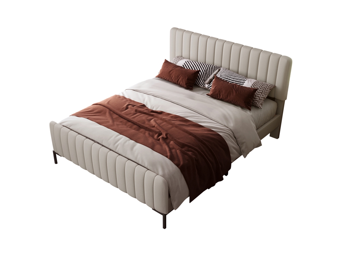 Cama de Casal Estofada 180x200 Cm com Cabeceira Ajustável em Linho Cinza bege e Estrutura de Estrado de Ripas PAPRIKA