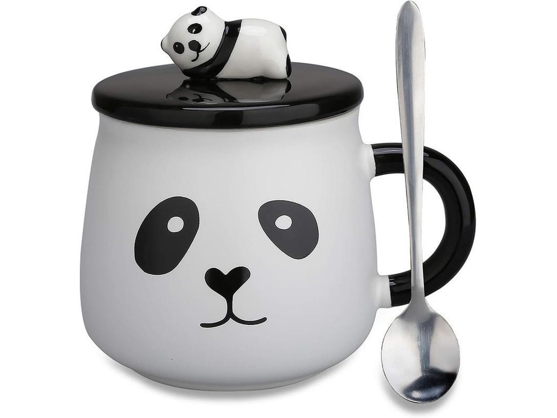 Caneca de cerâmica com panda pintado à mão, tampa 3D e colher, 400ml, ideal para presente de aniversário em 2026.