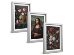 Pinturas Murais Modernasflores, Crânio, Retrato Da Mona Lisa Moldura Prateada Fotos Para O Corredor Espelharte (3 Peças 20x30 Cm)