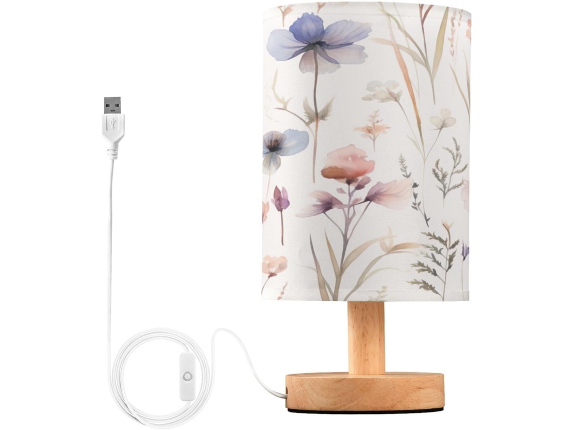 Abajur De Cabeceira Com Estampa Floral Em Aquarela, Portas De Carregaje USB C, Luminária De Mesa Cabeceira, Luminária