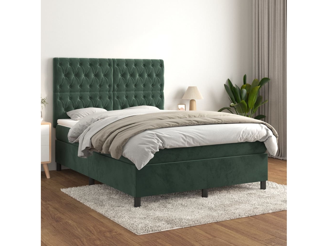 Cama Com Molas/colchão 140x200 Cm Veludo Verde-escuro