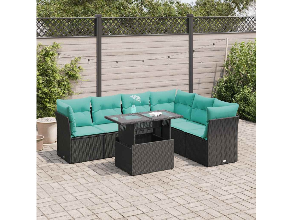 Vidaxl 7 Pcs Conj. Sofás Jardim C/ Almofadões Vime Pe/acácia Preto