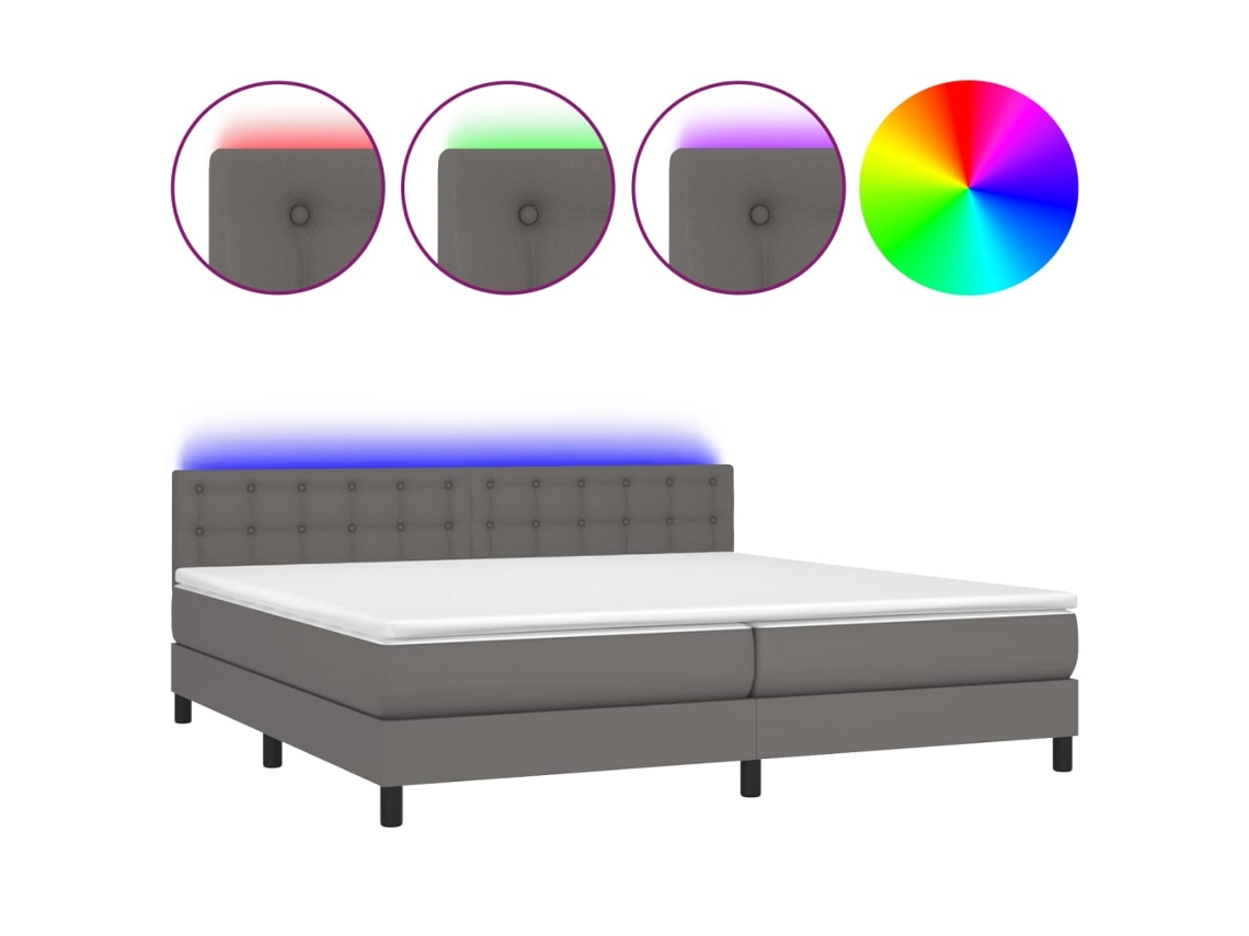 Cama Box Spring com Colchão LED 200x200 cm Couro Artificial Cinza MAISON EXCLUSIVE