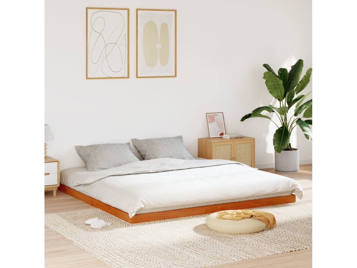 Estrutura De Cama 200x200 Cm Pinho Maciço Castanho Cera