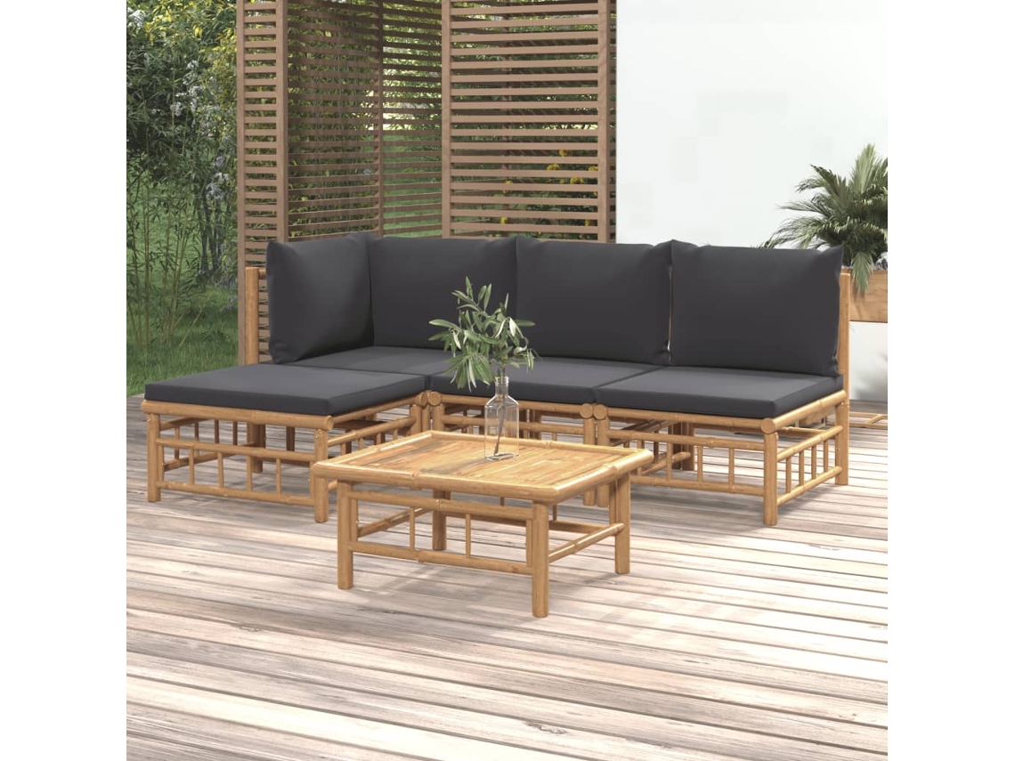 Conjunto Lounge 5 Peças Jardim Bambu C/ Almofadões Cinza Escuro Dkd Home Decor