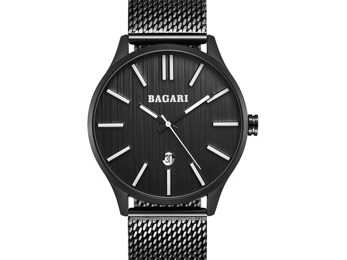 Relógio de quartzo masculino Bagari com pulseira de aço inoxidável, pulseira elegante, preto puro, ideal para presente.