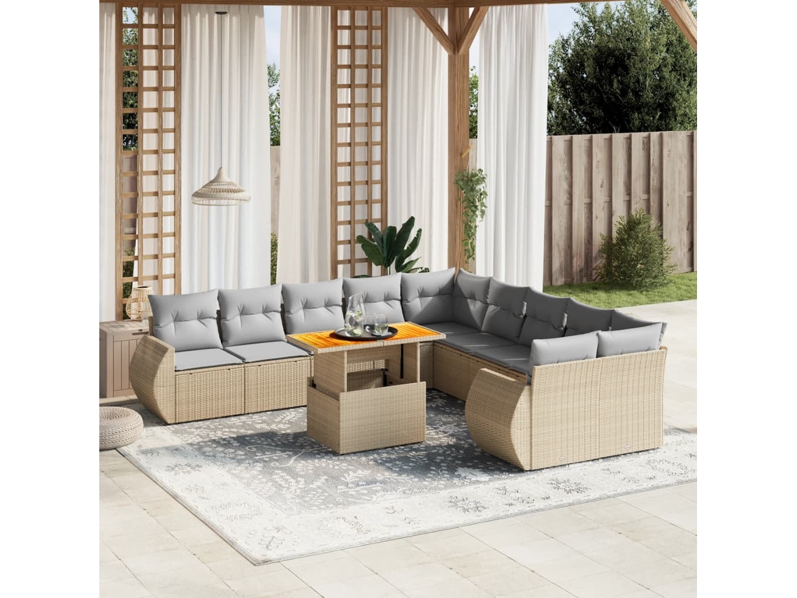 Vidaxl 11 Pcs Conjunto Sofás De Jardim C/ Almofadões Vime Pe Bege