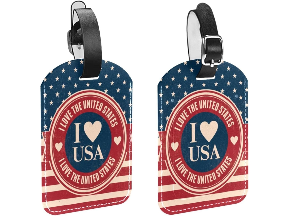 Conjunto De 2 Etiquetas Bagagem Em Couro Pu Com A Bandeira Americana E Estrelas Eu Amo Os Eua Proteção Privacidade
