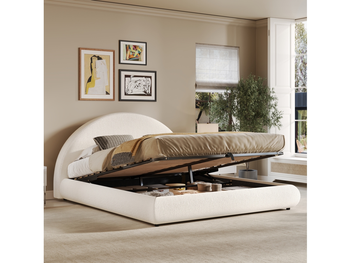 Cama Casal 180x200cm Armazenamento Hidráulico Cabeceira Acolchoada Branco Bouclé