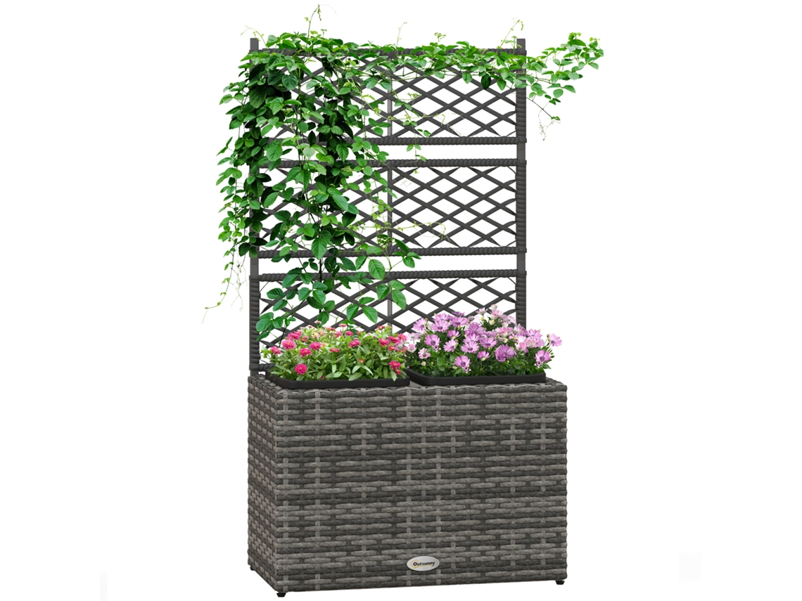 Jardineira CHEZMOI com treliça, 2 vasos, aço e Rattan Pe, 57x30x107cm, cinza