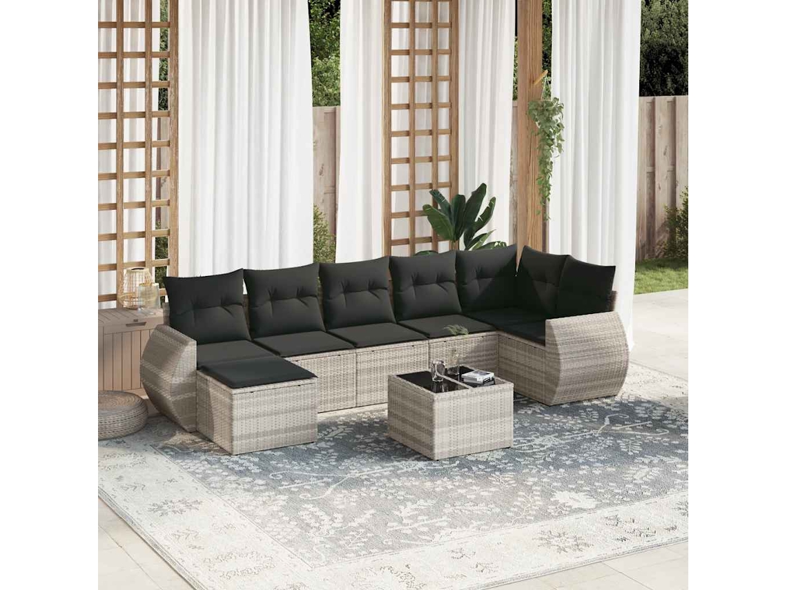 Vidaxl 8 Pcs Conj. Sofás Jardim C/ Almofadões Vime Pe Cinzento-claro
