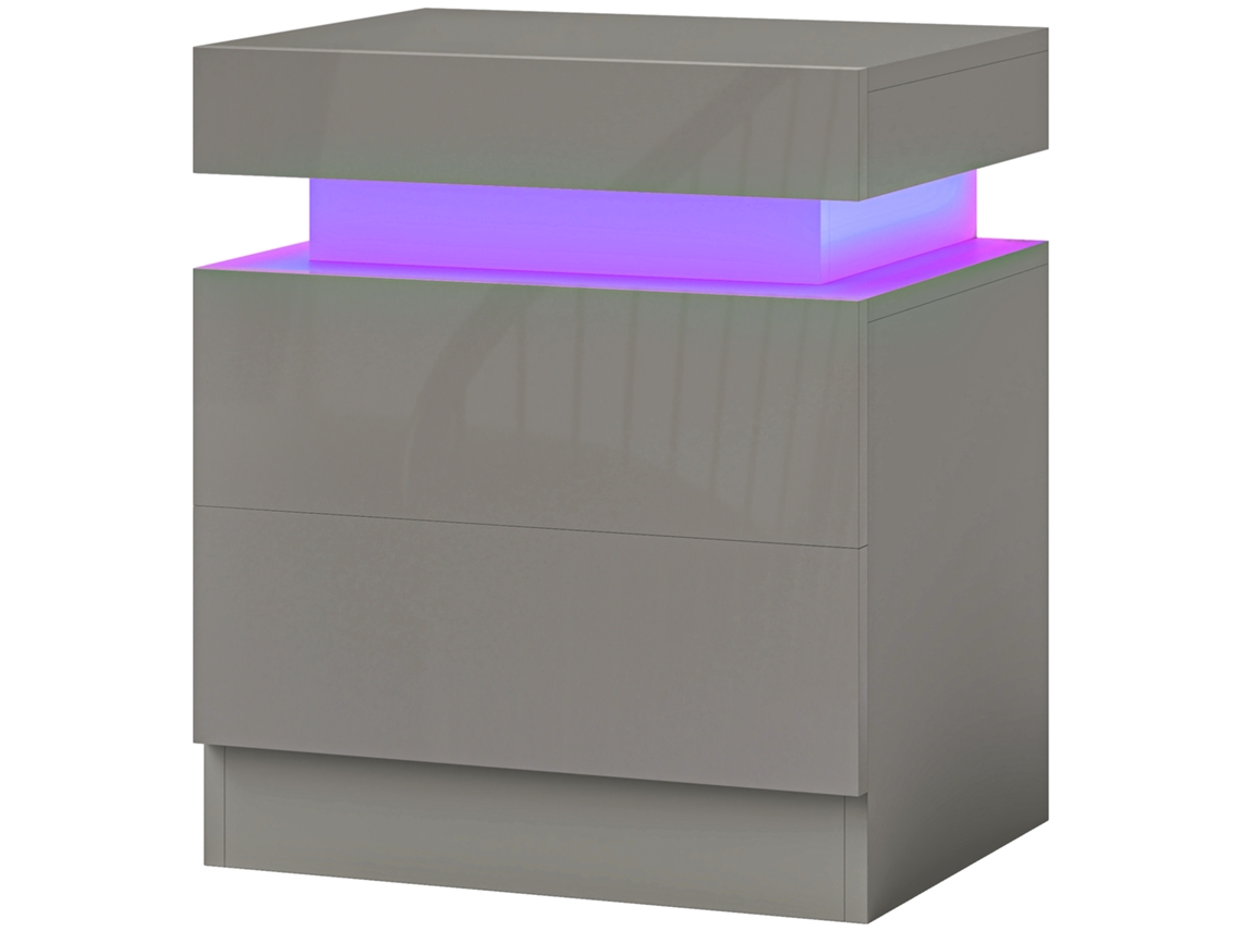 Mesa De Cabeceira Com Luz Led Painel De Alto Brilho 2 Gavetas E Controlo Remoto Para Dormitório 45x35x52 Cm Cinzento