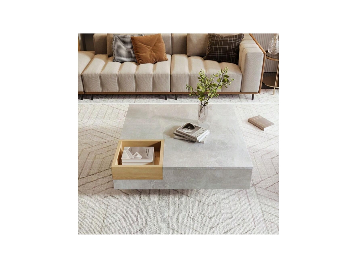 Mesa de Centro BTFORUS com Caixa de Armazenamento Removível, Concreto Cinza e Madeira (72x72x30 cm)