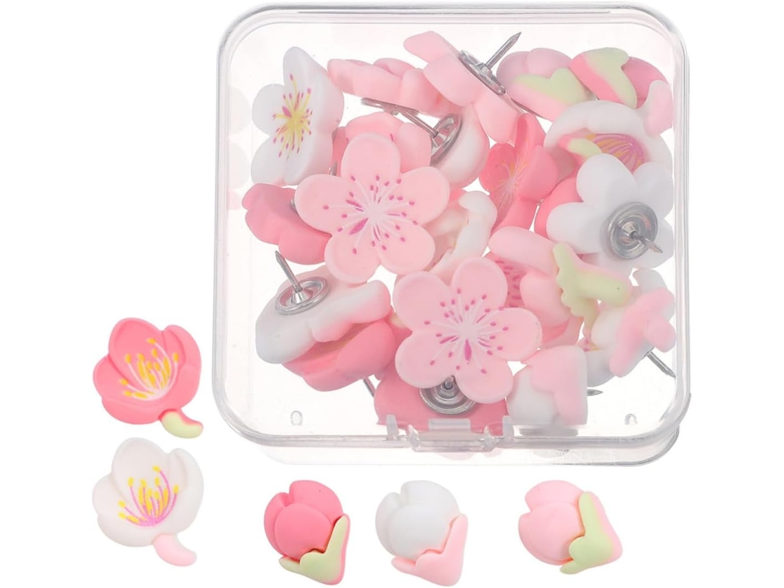 Conjunto De 30 Tachinhas Decorativas De Resina Rosa Com Flor De Cerejeira Para Murais, Fotos, Paredes, Mesa E Casa