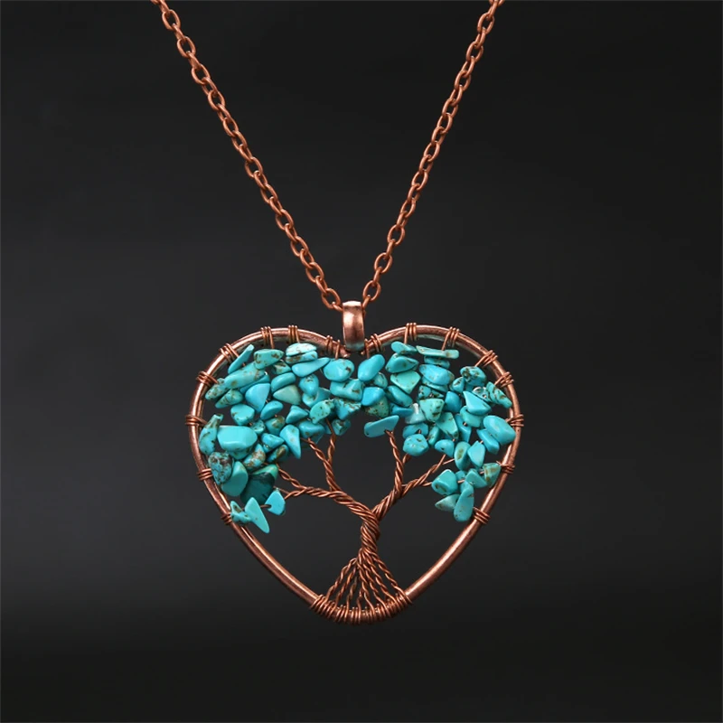 Colar Com Pingente De Coração Em Cristal Turquesa Azul, Para Cura Dos Chakras, Com A Árvore Da Vida.