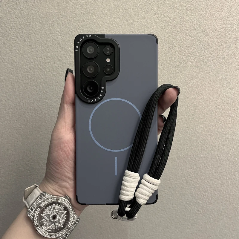 Capa Para Celular Samsung S24 Azul, Cor Sólida, Com Cordão Magnético Fino E Borda Estampada.