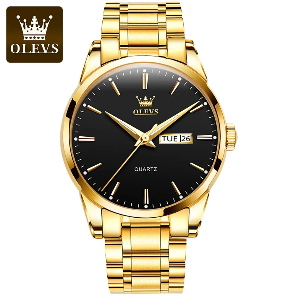 (pulseira Dourada, Mostrador Preto) Relógio De Quartzo Masculino De Luxo Para Negócios, À Prova D'água E Com Mostrador Luminoso, Em Aço Inoxidável.