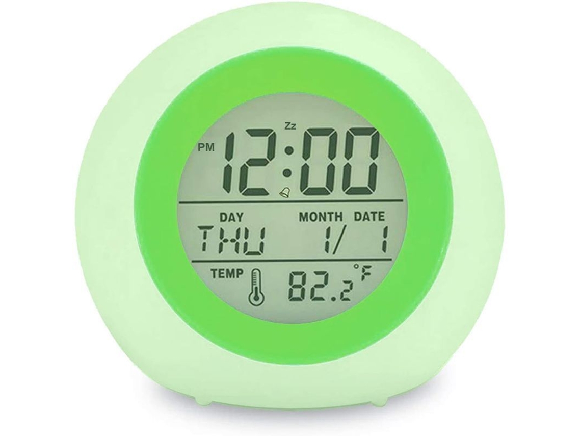 2026-relógio Despertador Digital Para Crianças, Luz Noturna 7 Cores, Snooze, Temperatura, Operado Por Pilhas (verde)