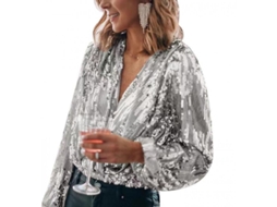 2026 camiseta Feminina com Strass Decote em V Manga Longa para Festa Nyx S Prata