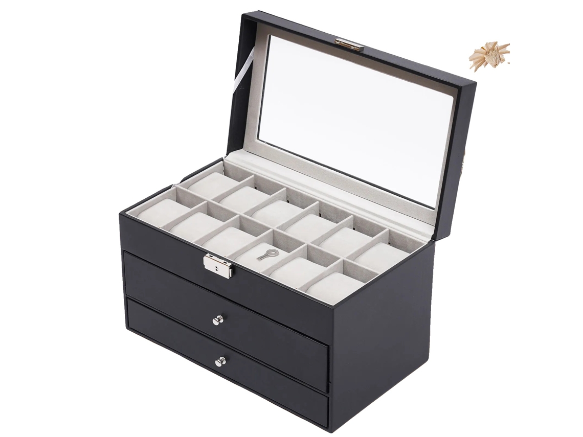 Caixa De Jóias 3 Camadas 33,7x19,4x20,5cm 18 Compartimentos Preto