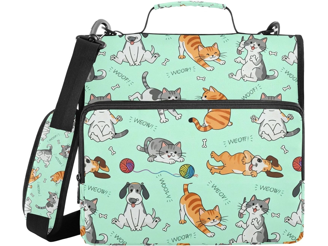 Organizador de massas com estampa de gato e cachorrinho, altura ideal para transporte no ombro, 3,8 cm de comprimento, 3 compartimentos para guardar coisas.