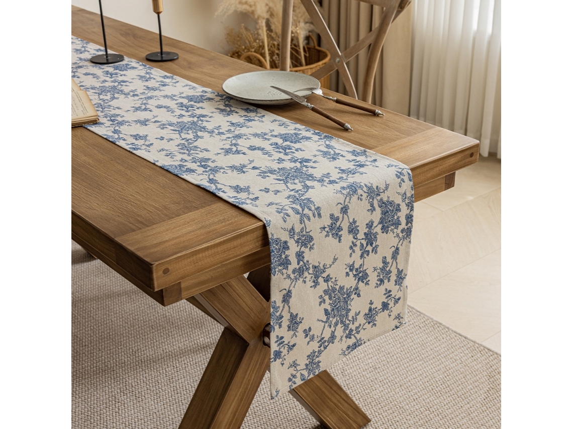 Passadeira Mesa Floral – Caminho Mesa – Toalha Algodão E Linho – Decoração Mesa – 30×220 Cm – Branco/azul