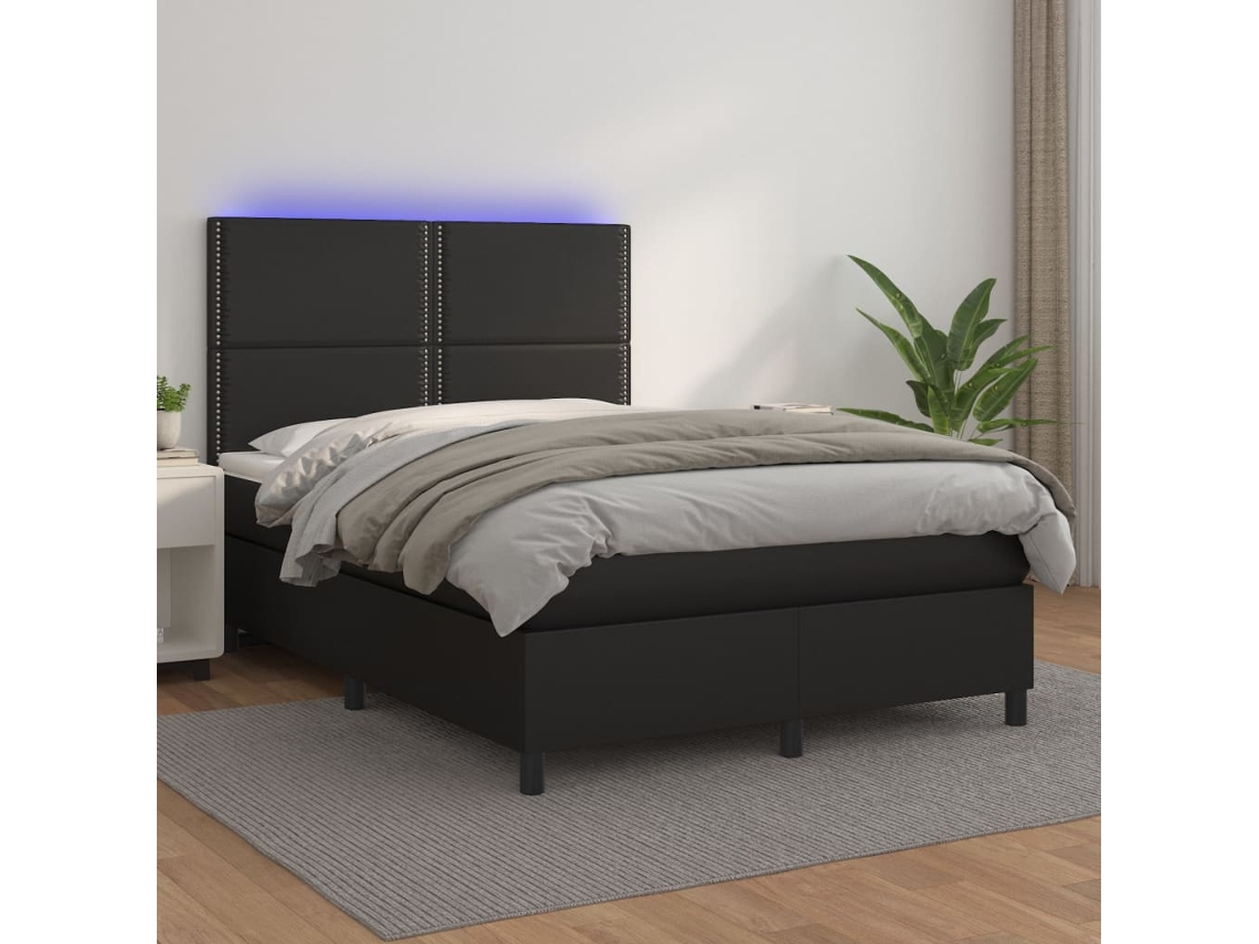 Vidaxl Cama Box Spring C/ Colchão/led 140x200cm Couro Artificial Preto