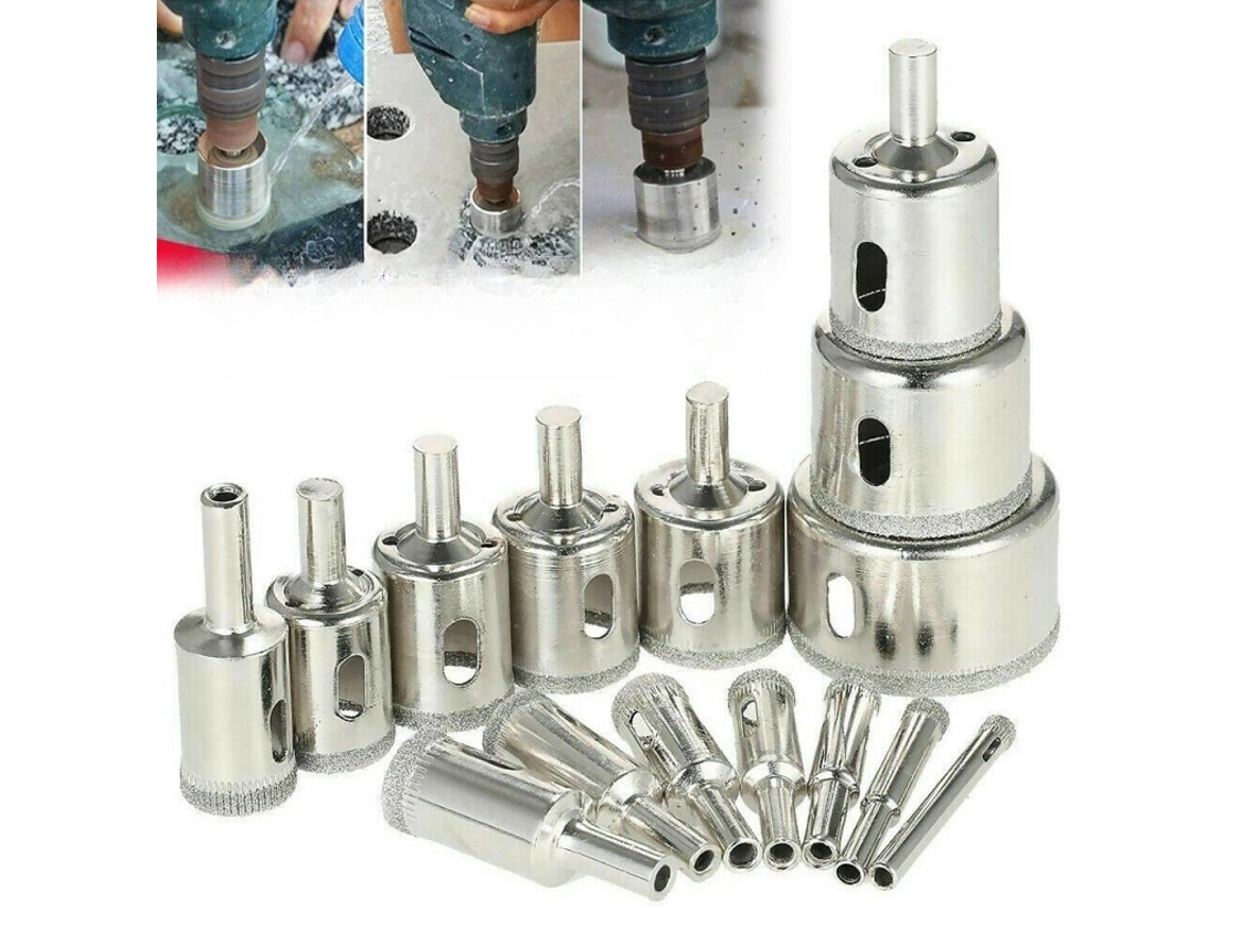 Conjunto de 15 Serras Copo Diamantadas em Aço Carbono para Vidro, Azulejos, Cerâmica, Mármore e Porcelanato Diâmetros de 6 a 50 Mm. X001