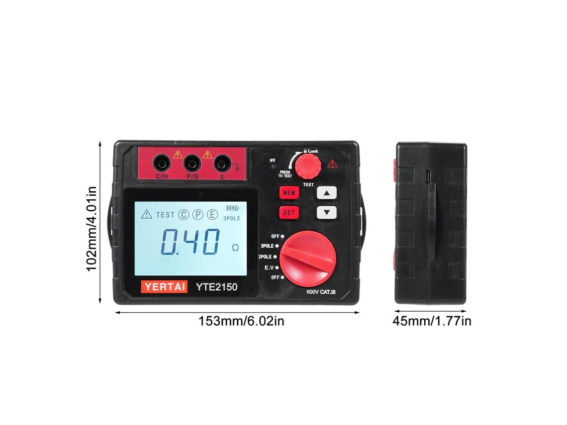 Yertai Yte2150 Testador Terra Digital 200ω, Tensão 600v, Display