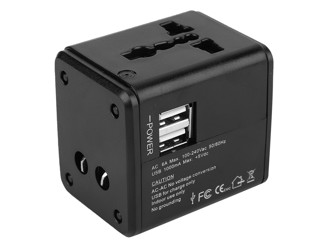 Adaptador De Tomada Internacional Com 2 Usb Para Viagens 110~250v 6a Design Compacto Preto