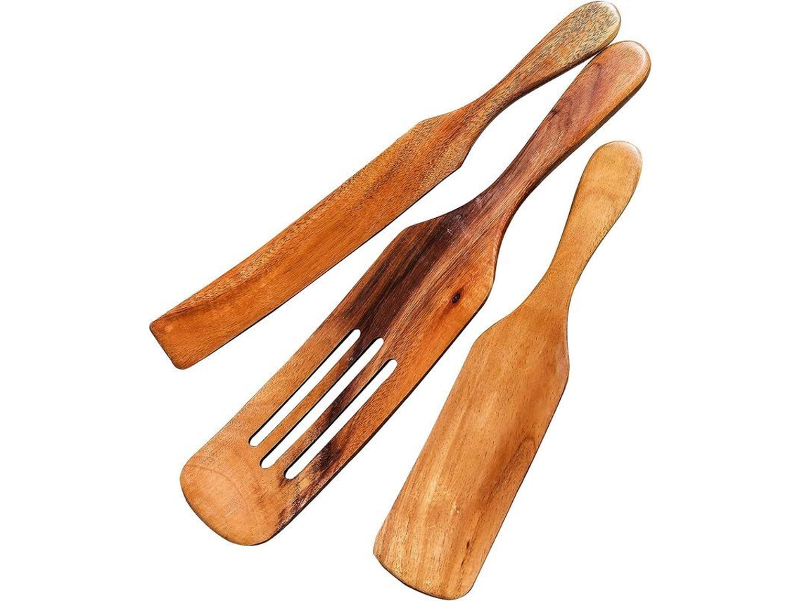 Rebe-set De 3 Utensílios De Cozinha De Teca Natural: Espátula Furada, Colher E Escorredor Para Cozinhar E Misturar