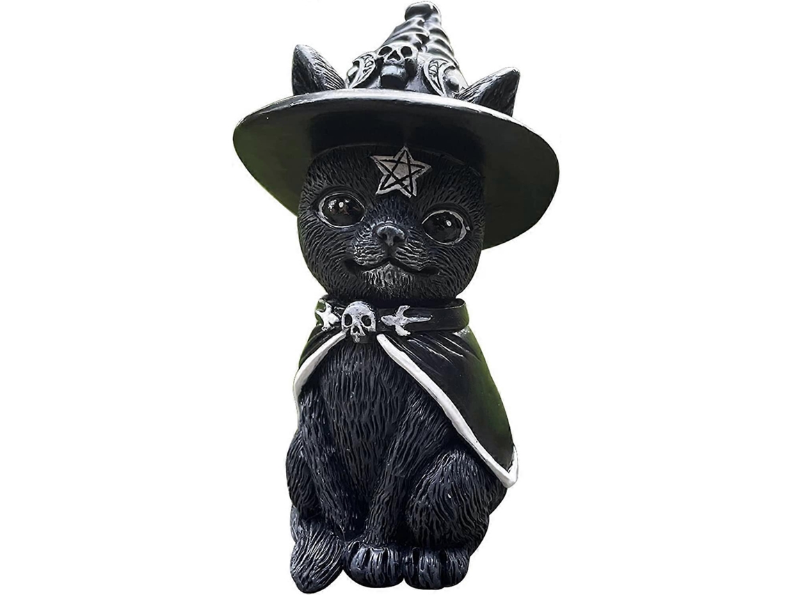 Escultura de resina em forma de gato gnomo para decoração de Halloween, ideal para mesa, jardim ou como presente festivo.