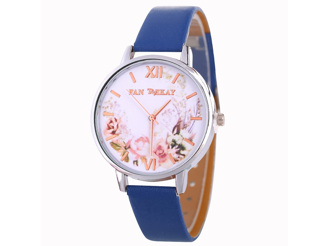 Relógio de Pulso Feminino de Quartzo com Pulseira de Couro Pu Estilo Simples Azul Royal