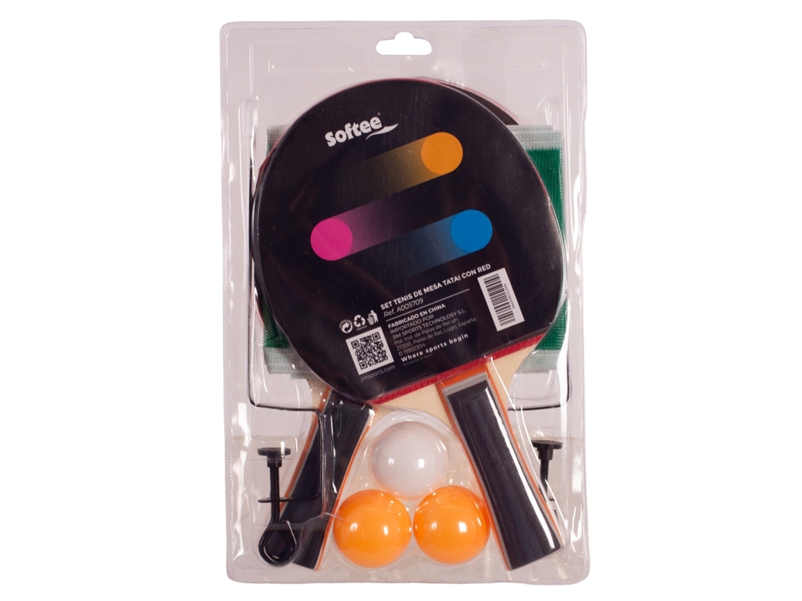 Conjunto de tênis de mesa Softee Tatai com rede, 2 raquetes e 3 bolas multicoloridas