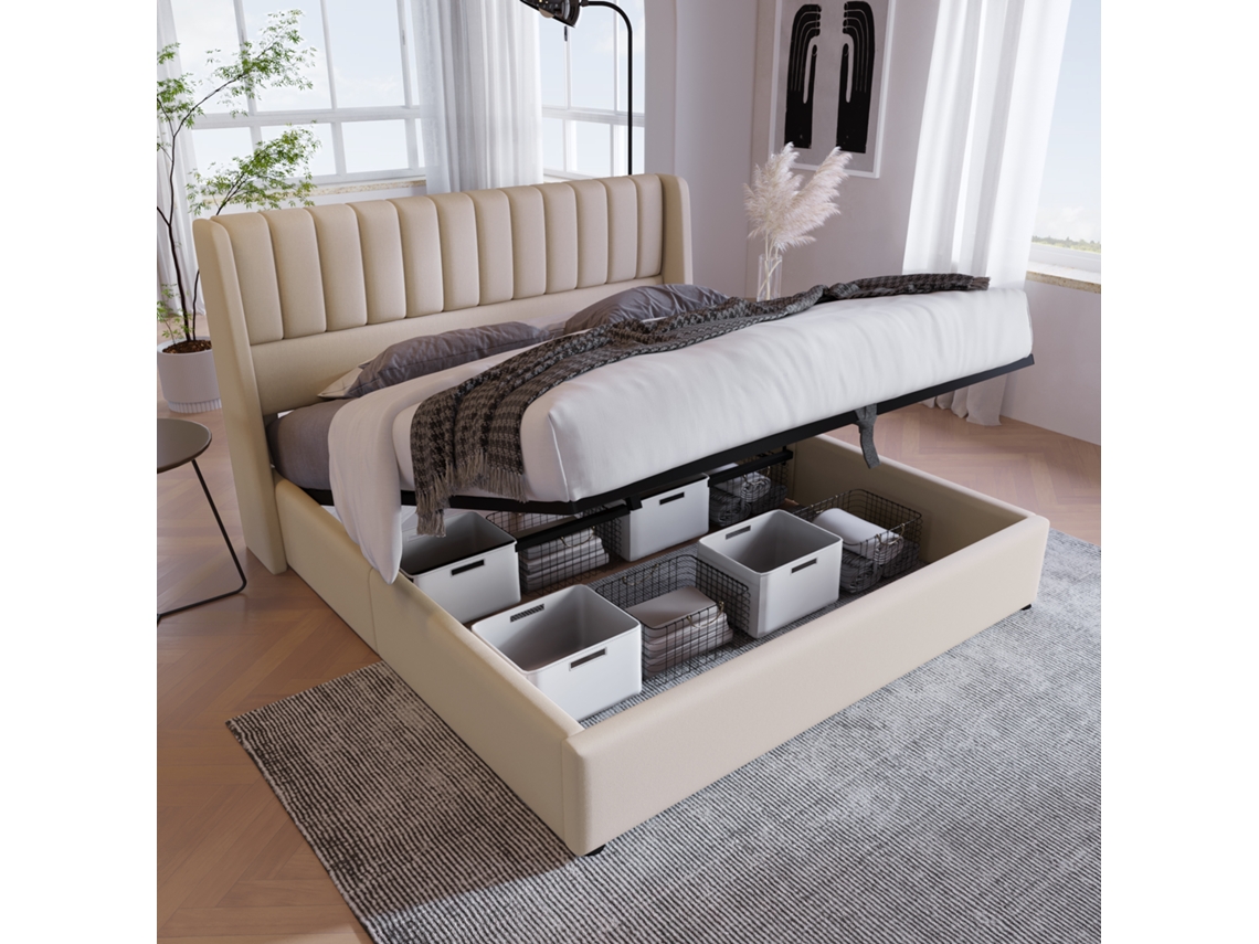 Cama De Arrumação Cama Estofada Cama De Casal Hidráulica 160x200cm, Base Ripada De Madeira, Cama Com Estrutura Metálica Cama Base, Roupa De Cama, Bege