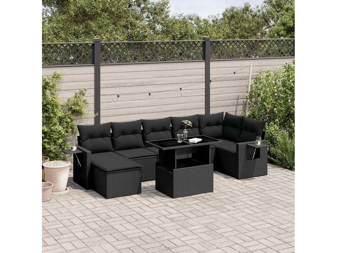 Vidaxl 8 Pcs Conjunto Sofás De Jardim Com Almofadões Vime Pe Preto
