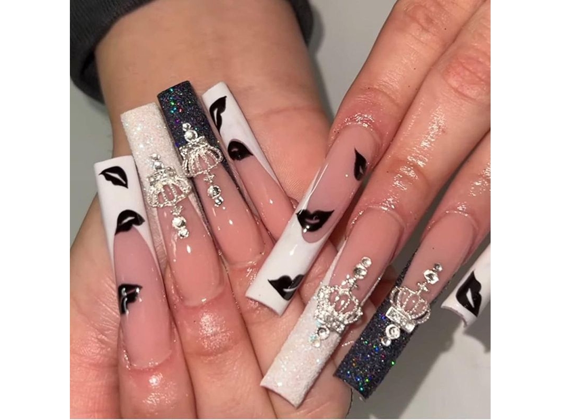 Unhas Falsas Longas Linjou com Strass, Glitter Preto e Branco, Ballerina Nude, Pronta para Usar