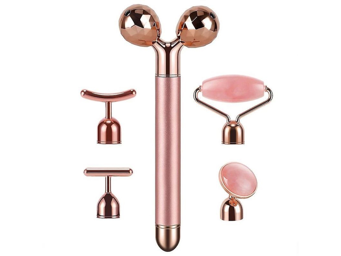 Massageador Facial Elétrico Vibrante 5 Em 1 Com Rodas De Quartzo Rosa E Gua Sha Qvs