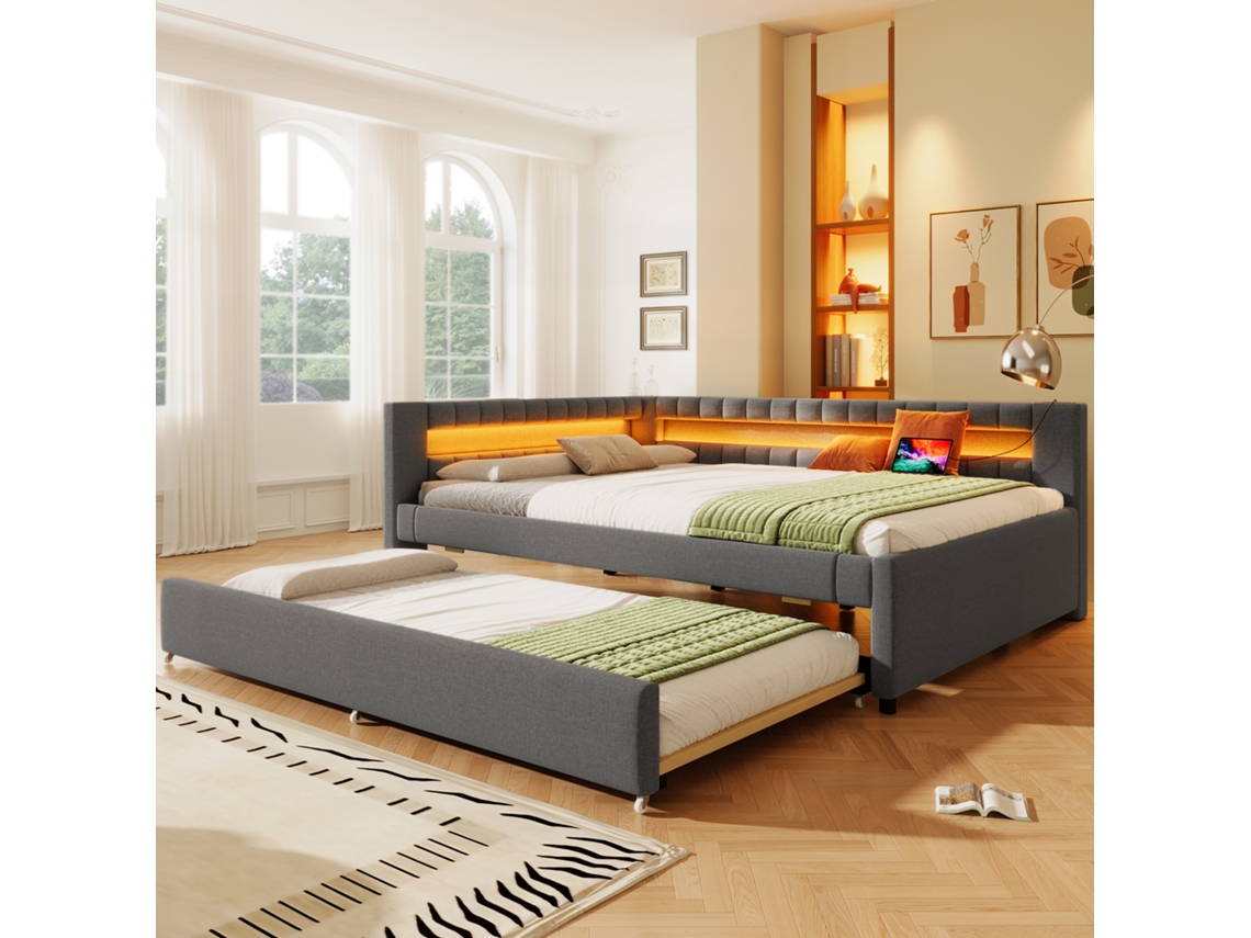 Sofá Cama 140x200cm Led Usb Type-c Extensível Linho Cinza