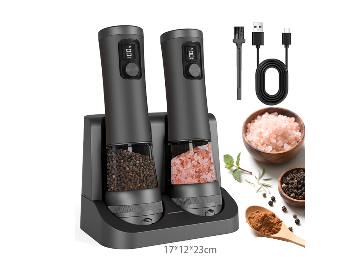 Conjunto de 2 moedores elétricos de sal e pimenta com base de armazenamento AQUAFORGE