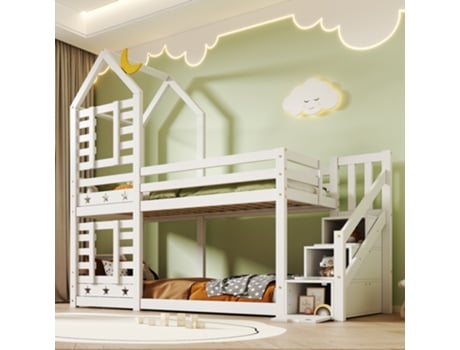 Cama-Cama para Crianças com Gaveta e Proteção Anti-Queda 90 X 200 Cm Cama Elevada para Crianças 2X Base de Ripas Branco YUETOPP