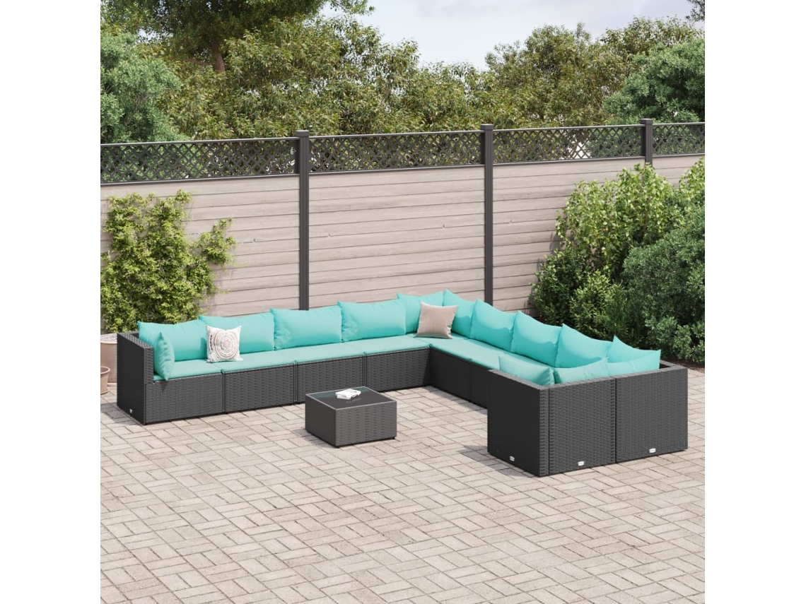 11 Pcs Conjunto Sofás De Jardim C/ Almofadões Vime Pe Preto Dkd Home Decor