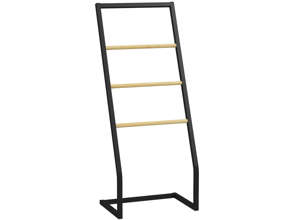 Porta toalhas de 4 barras BTFORUS em aço e bambu 40,5x28x98cm preto e cor madeira