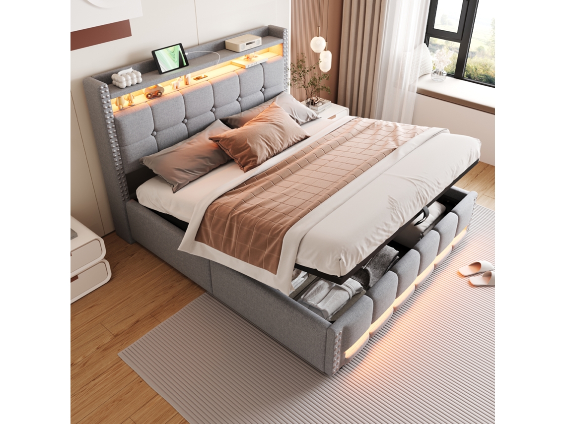 Cama 160x200 Led Usb Cabeceira Arrumação Prateleiras Linho Cinza