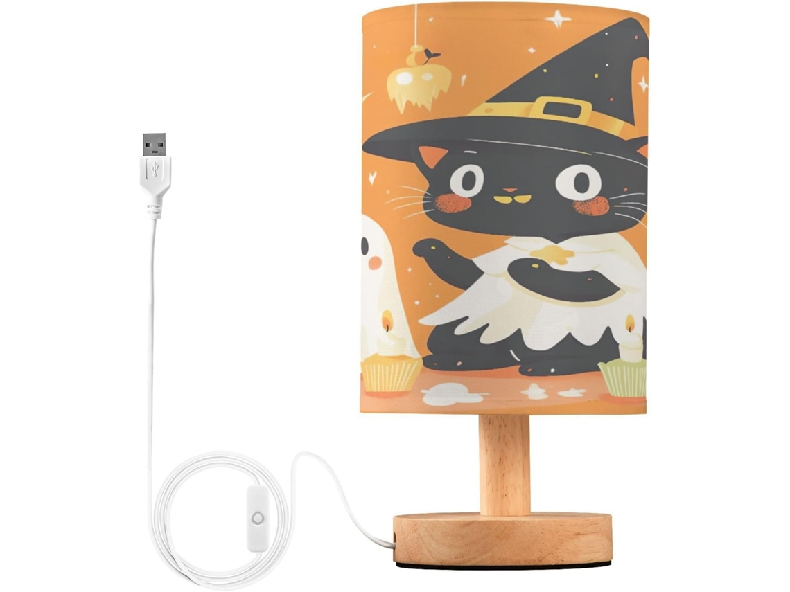 Luminária De Mesa Skyshu Em Formato Gato Com Tema Halloween Pequena Led Usb Base Madeira Antiderrapante E Cúpula Que Não