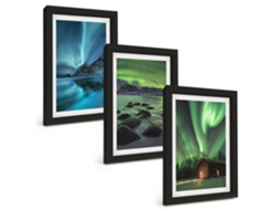 Conjunto De Pinturas Paisagens De Inverno, Aurora Boreal Montanhas Moldura Preta Quadros Para A Sala De Estar Espelharte (3 Peças 20x30 Cm)