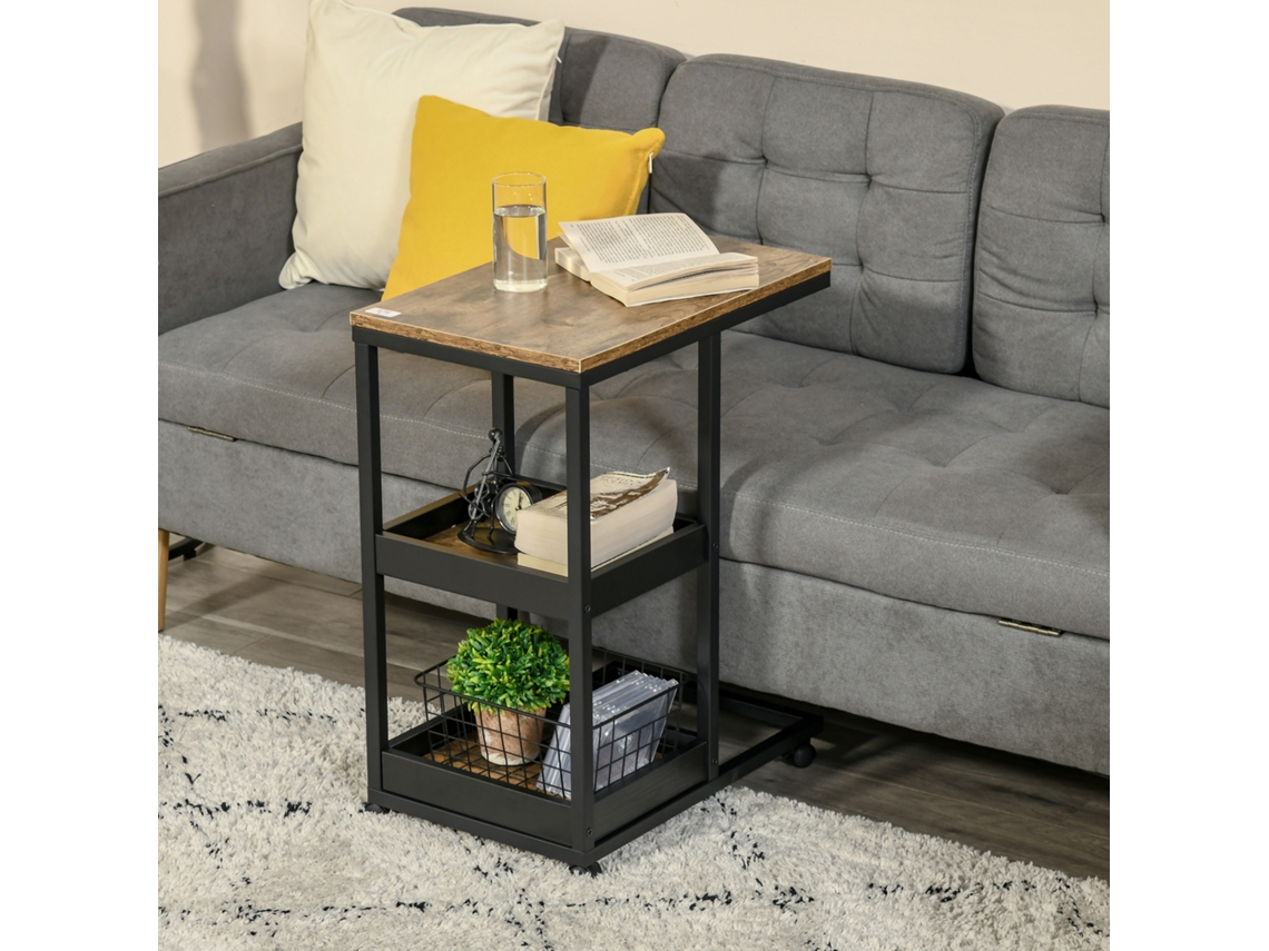 Mesa Auxiliar Com Rodas Para Sofá Ou Cama,estilo Industrial Em Aço E Madeira,acabamento Marrom E Preto Mega Echo Trade Shop