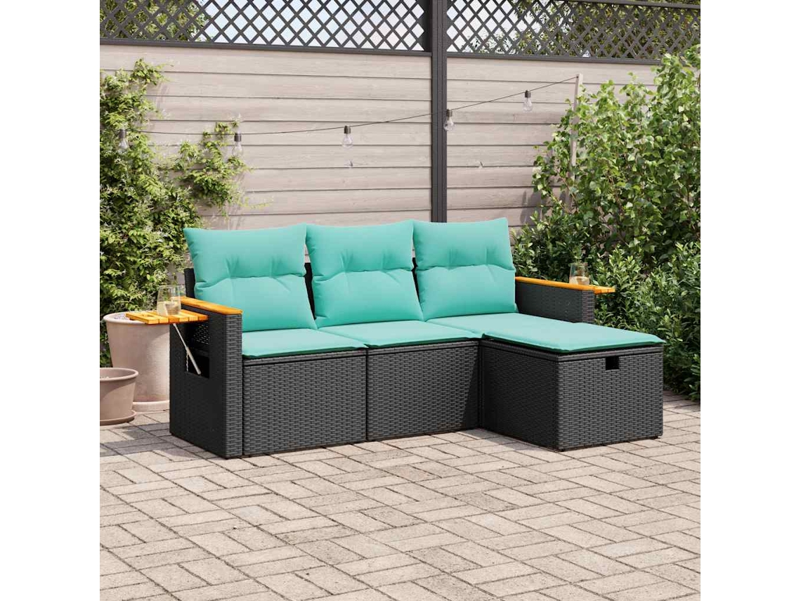 Vidaxl 4 Pcs Conjunto De Sofás Para Jardim C/ Almofadões Vime Pe Preto